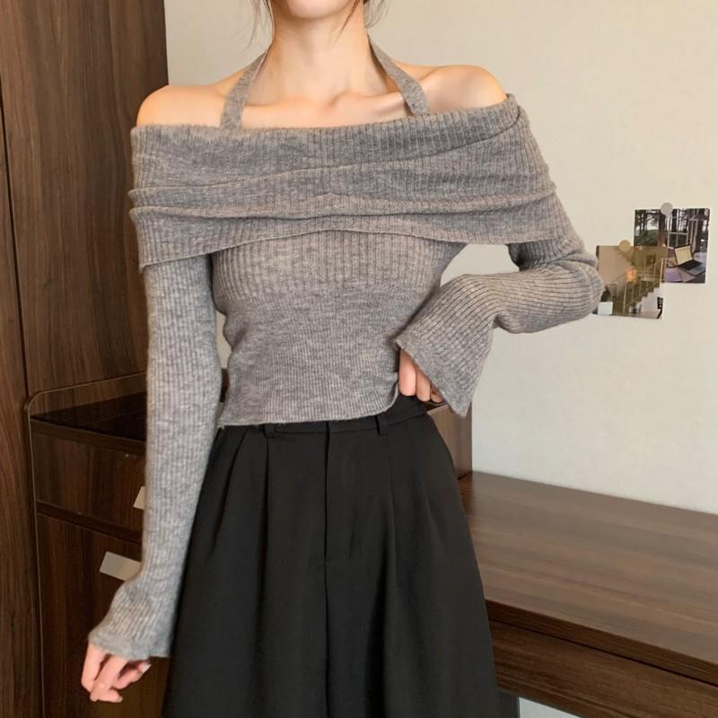 Осенне-зимние сексуальные женские свитера с разрезом на плече, с длинным рукавом, облегающие трикотажные свитера, топы, женские пуловеры с открытыми плечами, трикотажные изделия 24952