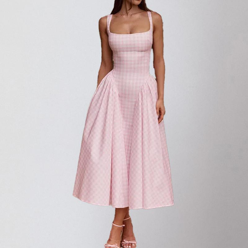 Новые летние товары Pure Temperament клетчатое платье на груди с высокой талией и большой юбкой на подтяжках