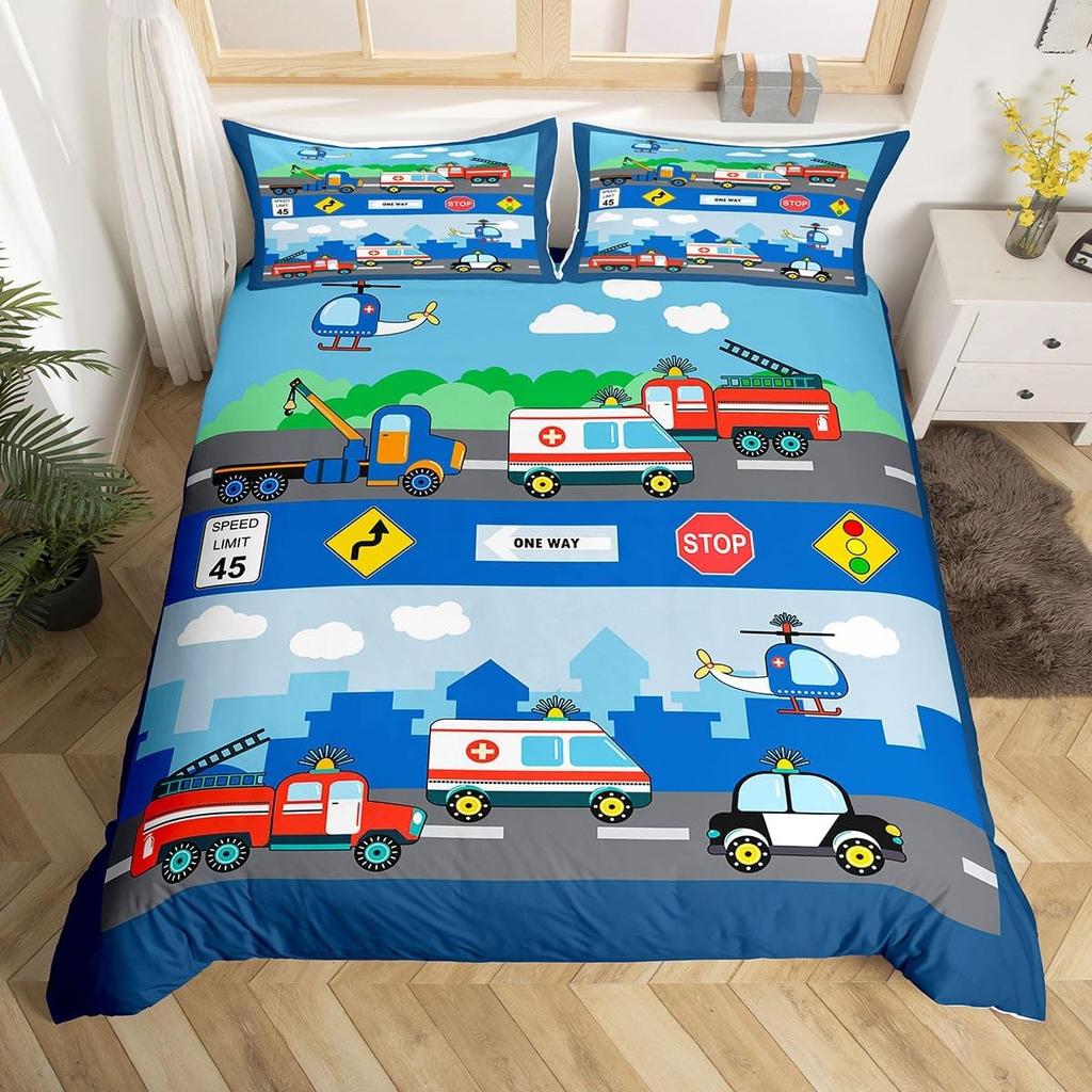 Fire Truck Duvet Cover Twin Queen Size,Kids Cute Car Road Traffic Print Comforter Cover Cartoon City Map Firefighter Bedding Set