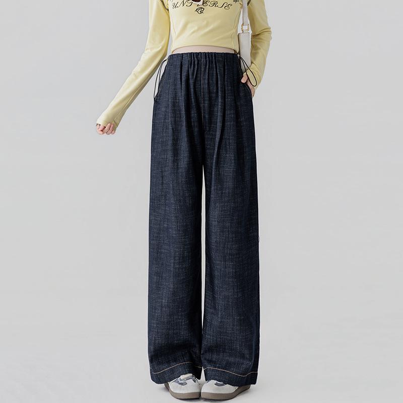 2026 Dark Blue Denim Wide-Leg Maternity Jeans - Ice Silk Straight Leg, Floor-Length for Spring/Summer