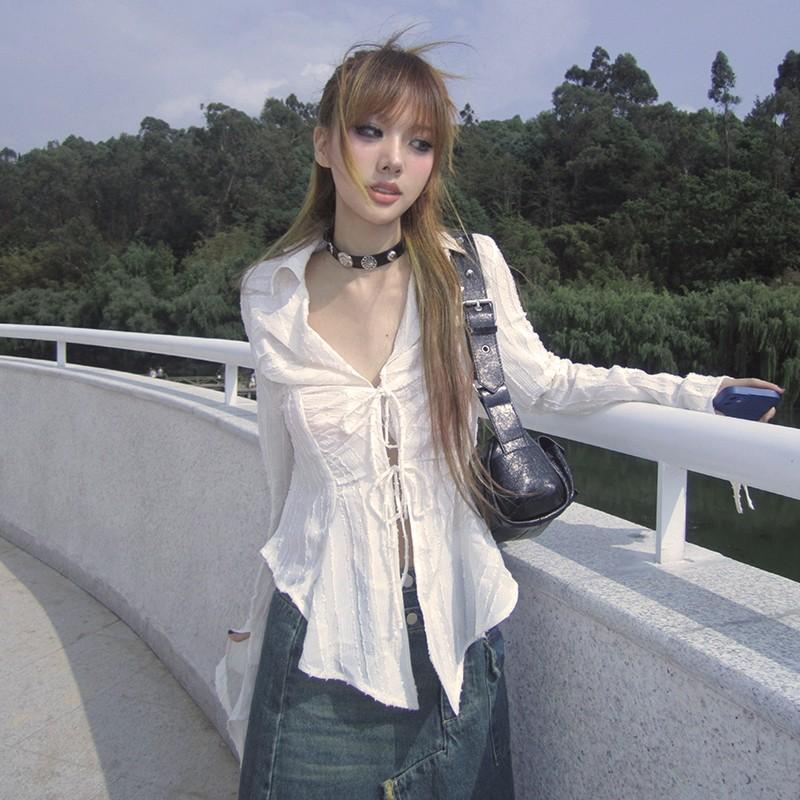 2KWEIRD Y2k Aesthetics Pleated Shirt Fairycore Lace Up Blouse Trashy 2000s Style V-neck Shirt Irregular Japanese Harajuku 90s