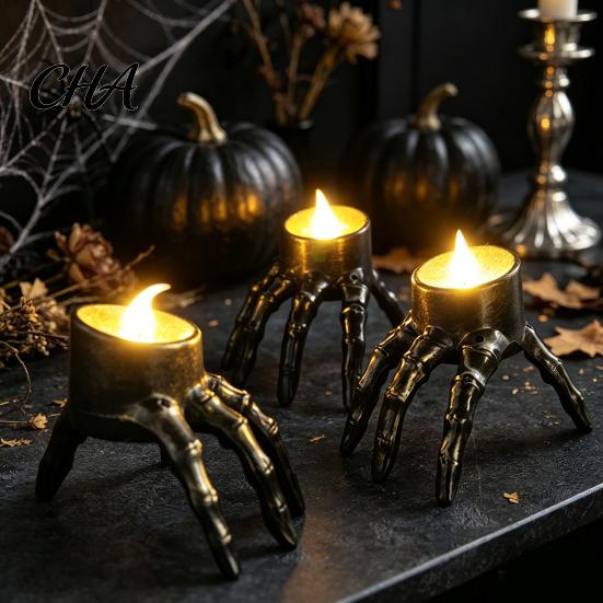 Reusable Festival Ornament Halloween Skeleton Hand Candle Light, Gothic Creepy Skull Hands Fake LED Creative Decoration for Table Centerpiece,