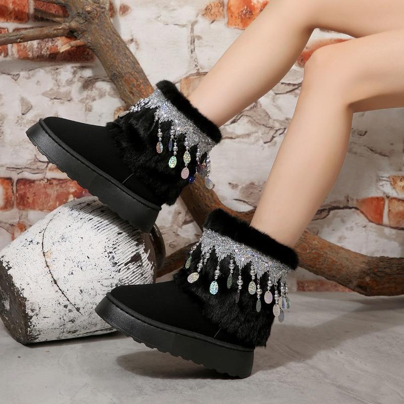 Foreign Trade Comfortable Thick-soled Short Cotton Shoes Women's Autumn and Winter New Tassel Beaded Velvet Warm Snow Boots