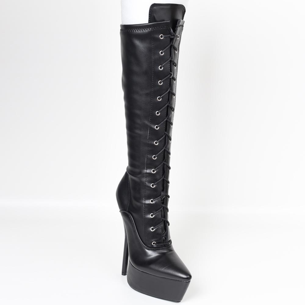 New Sexy Knee-high Boots 7" Super High Heel Platform Pointed-toe Lace Up Women Boots Big Size 36-46