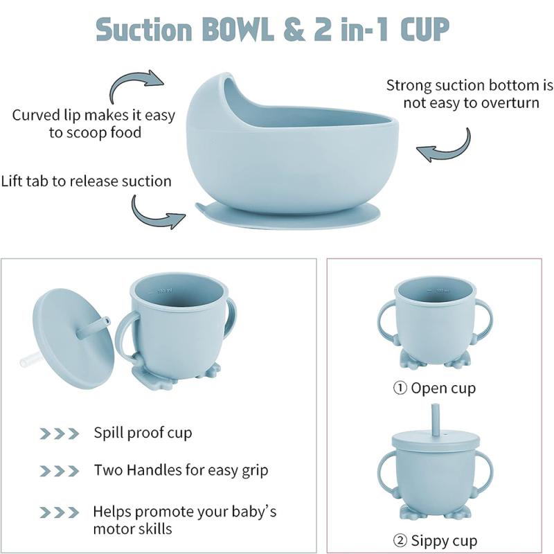 Children's Dishes Set Baby Silicone Tableware 6PCS Set Sucker Bowl Bib Cup Fork Spoon Set Maternal and Infant Supplies BPA Free