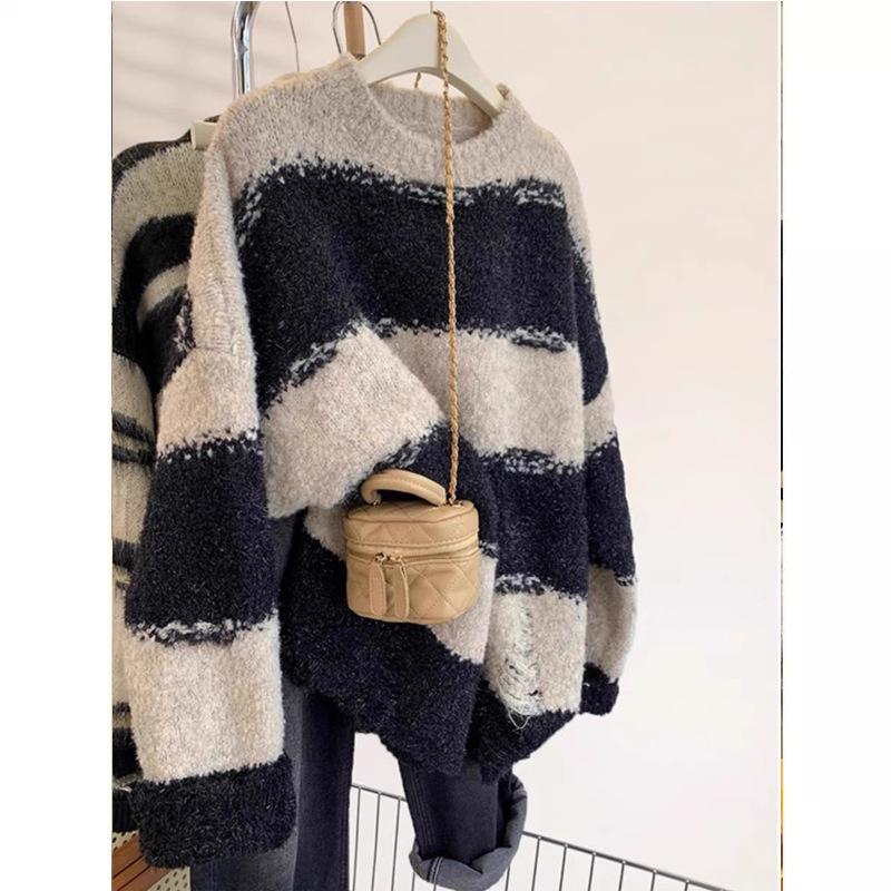 2026 Women's Korean Color Block Striped Knit Sweater - Autumn/Winter Loose Fit