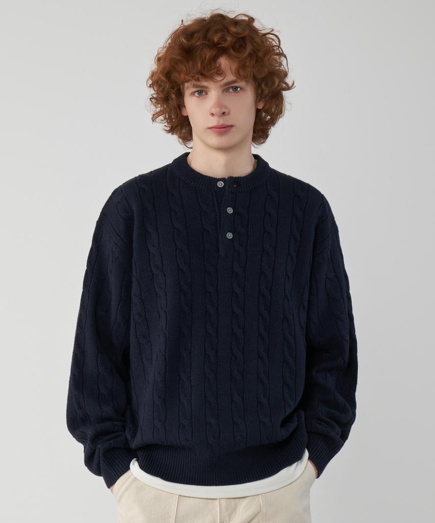 UNTAPPED STUDIO Oversized Cable Henley Neck Round Knit 4 Colors