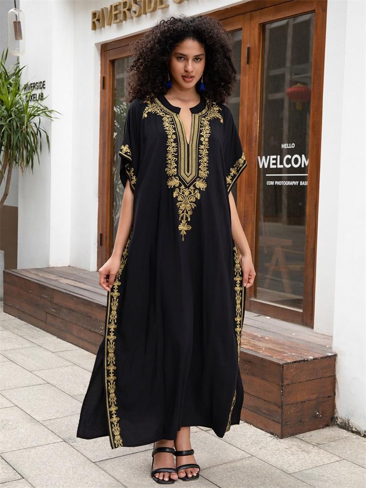 EDOLYNSA 2024 Women's Elegant Premium Gold Thread Embroidery Plus Size Kaftan Dress Summer Sexy Deep V Neck Short Sleeve Beachwear Swimwear Coverups