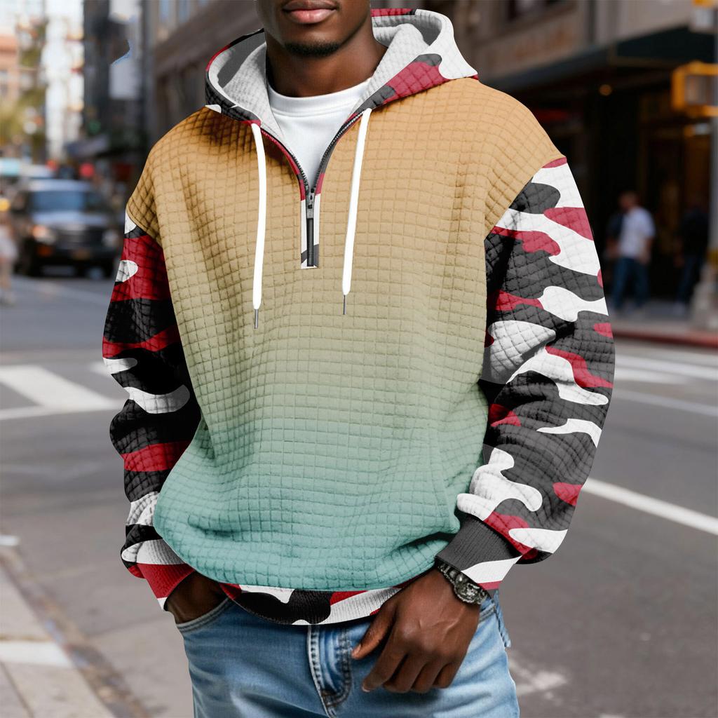 Мужской худи-пуловер в клетку с капюшоном на молнии до середины, со шнурком и принтом, повседневная спортивная толстовка