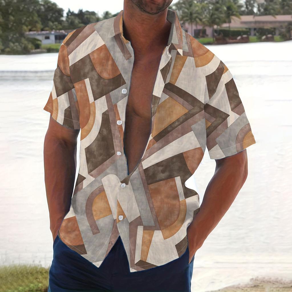 Men's Summer New Loose Print Short Sleeve Shirt Cardigan Beach Shirt