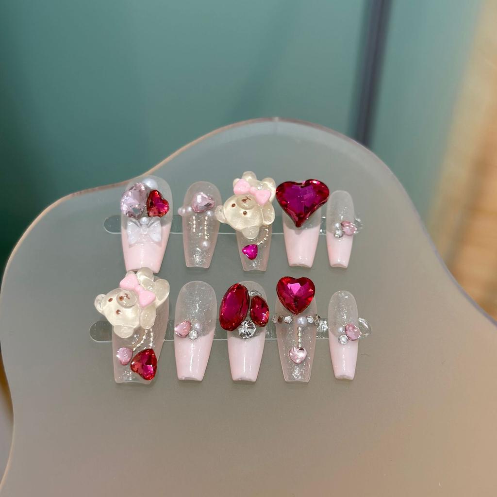 Women Press‑On Nails Pure‑Handmade Summer Sweet Bear Pink French Love Rhinestone Removable False Nail Patches