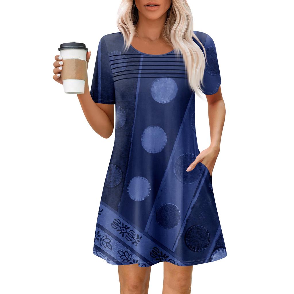 Женские летние повседневные платья с круглым вырезом, плиссированные, с карманами, с принтом, с коротким рукавом