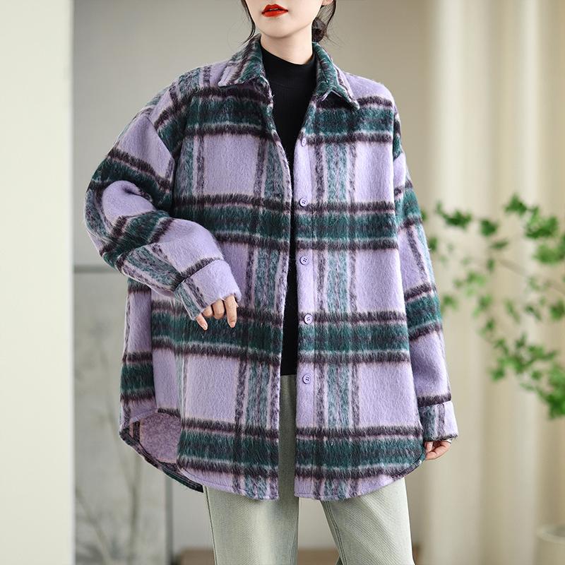 DIMANAF 2025 Новые осенне-зимние женские пальто и куртки больших размеров, свободная повседневная верхняя одежда, винтажная женская клетчатая хлопковая толстая с длинным рукавом