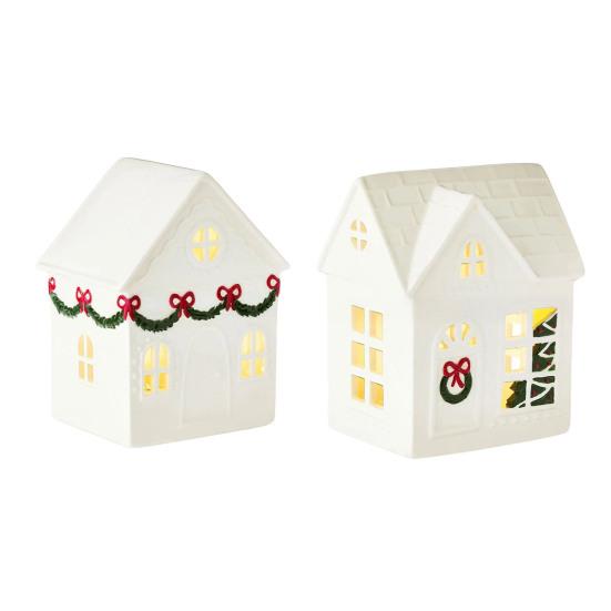 Yousheng Christmas Mini Village House Figurine LED Lighted Winter Resin Town Cottage Tiny Desktop White House Ornament for Home Shelf Cabinet Table