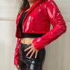 Glossy Faux Leather Women Cropped Coat Long Sleeve Solid Color Lapel Jacket Ladies Clubwear Cosplay Party Performance Festival Costume