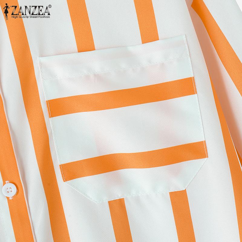 ZANZEA Женские повседневные рубашки с длинным рукавом в полоску и карманами