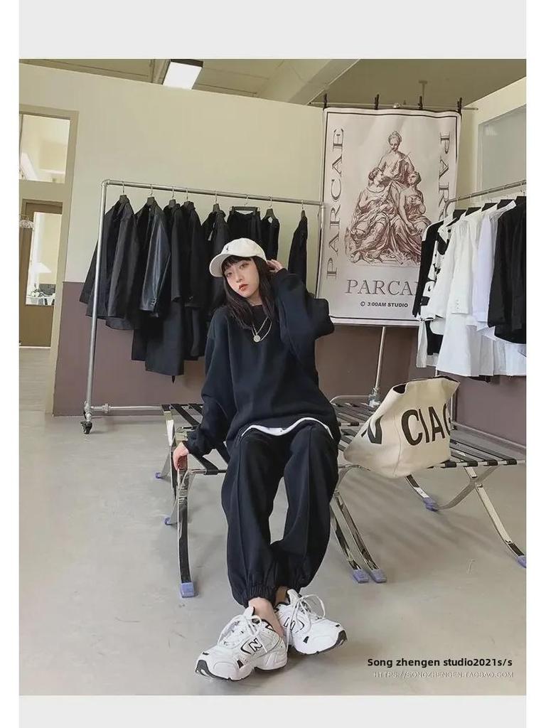 Spring & Autumn Women's Casual Sports Suit - European Street Fashion Two-Piece Set with Loose Sweater and Pants