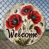 Wooden Welcome Board In Front of the Door - Red Furry Flower Wall Hanging Decoration - 20cm Round Multifunctional Farmhouse Style Home and Garden 