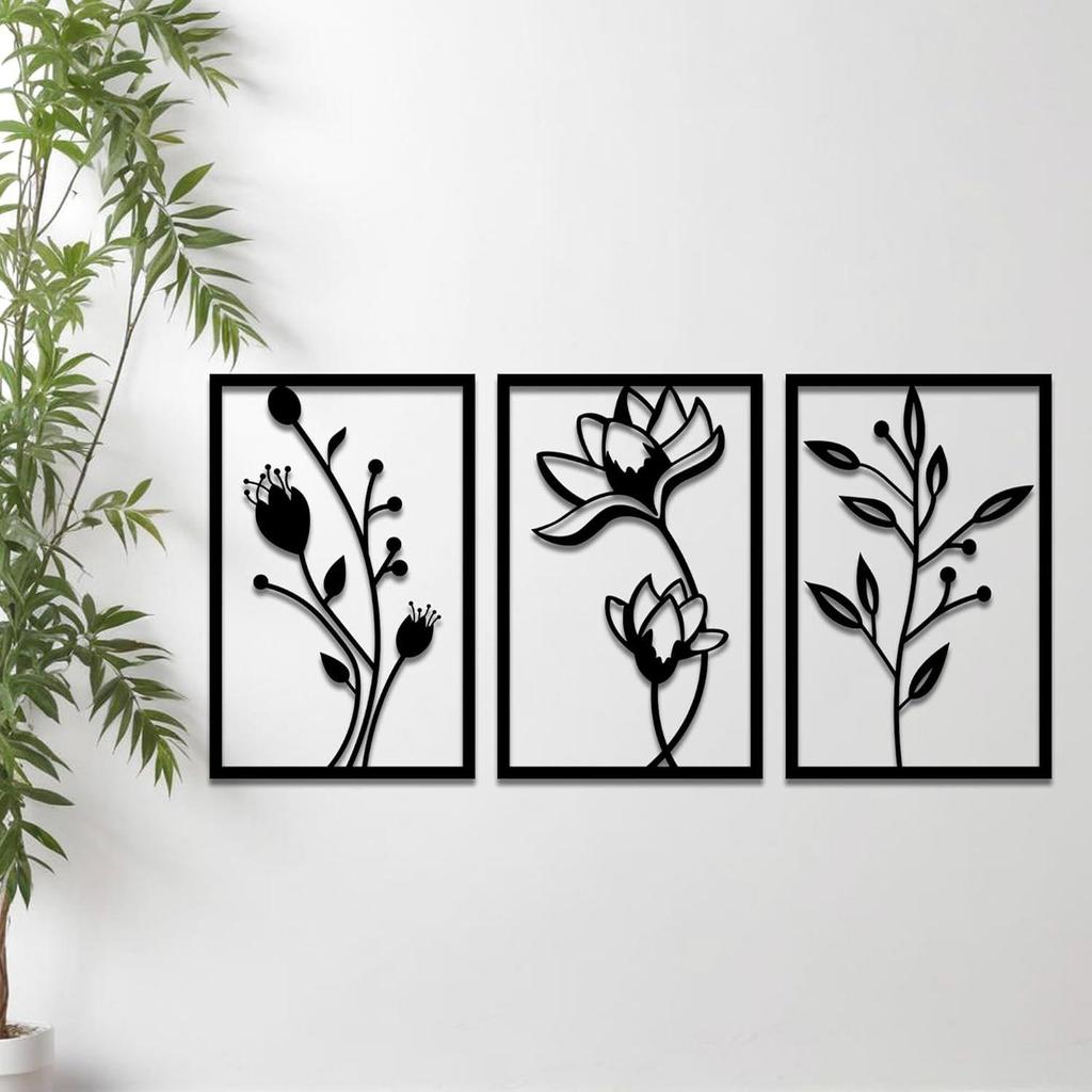 Предварительно ламинированное сосновое дерево Настенное искусство с цветами | Лазерная резка | Для декора дома | Для подарка (Набор из 3 шт.)