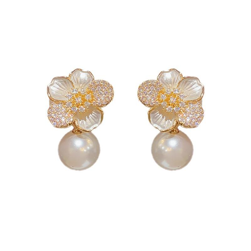 Temperament Shiny Zircon Flowers Stud Earrings For Women Girls Light Luxury Imitation Pearl Earring Party Wedding Ear Jewelry