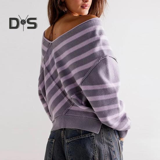 Женский свитер с длинным рукавом, полосатый, цветной, трикотажный свитер с V-образным вырезом, свободный пуловер, джемпер, топы, повседневная одежда