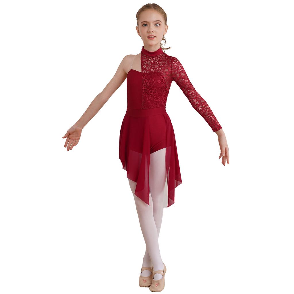 Girls Lyrical Dance Dress Half Floral Lace Bodice Asymmetrical Hem Boyshorts One Piece Jumpsuit for Dance Performance