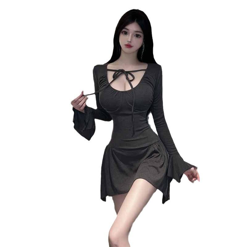 Pure Desire Spice Girl Low-cut Lace-up Waist Slim-fitting Long-sleeved Dress