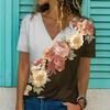 Летний топ с V-образным вырезом, 3D-цветком, цветным блоком и принтом, модные повседневные женские футболки с коротким рукавом