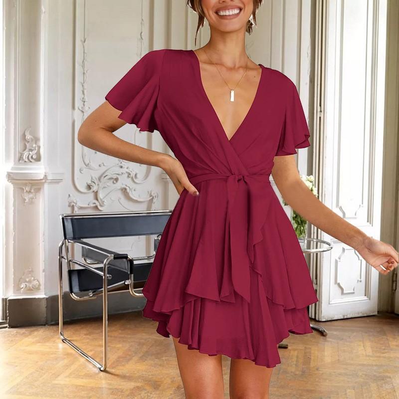 Летнее женское платье, однотонная юбка нерегулярной формы, темпераментное элегантное платье с v-образным вырезом и короткими рукавами