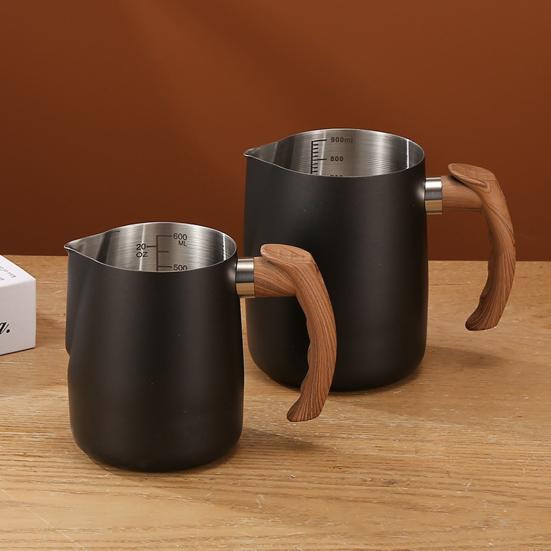 600/1000ML Milk Frothing Pitcher with Precise Scale Wooden Handle Dripless Spout Stainless Steel Latte Coffee Cup Milk
