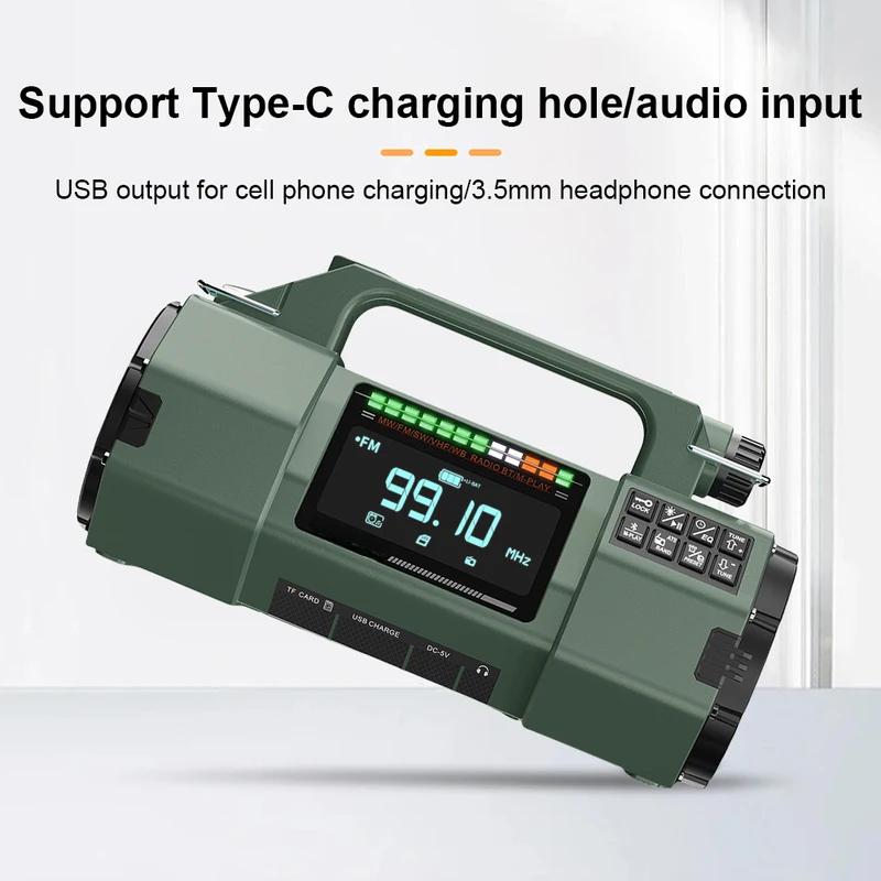 Аварийное радио FM/MW/SW/VHF/WB Портативное радио с SOS-сигналом Светодиодный фонарик BT-динамик Ручной завод Солнечное радио для выживания