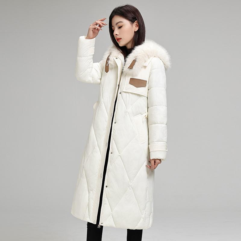 Элегантное и стройнящее длинное пуховое пальто с большим меховым воротником для женской зимней моды
