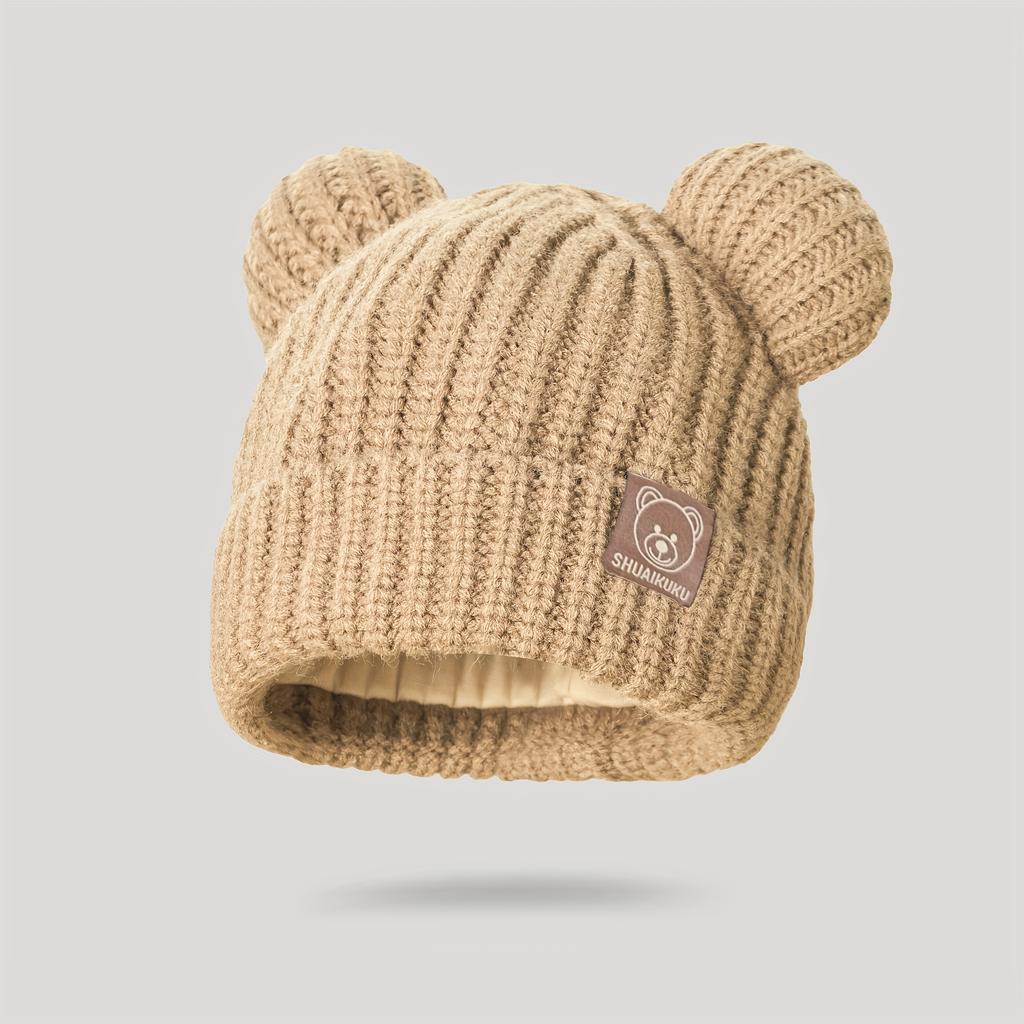 Детская зимняя шапка-бини с ушками, 80% акрил 20% полиэстер, легкая вязаная ткань, облегающая, городская тематика, застежка-пряжка, подарок