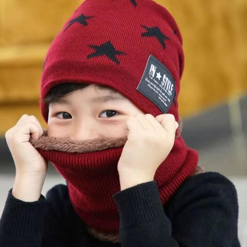 (МАЛЬЧИК)Трикотажные теплые зимние шапки из флиса контрастных цветов для детей Комплект из двух предметов шапка + шарф