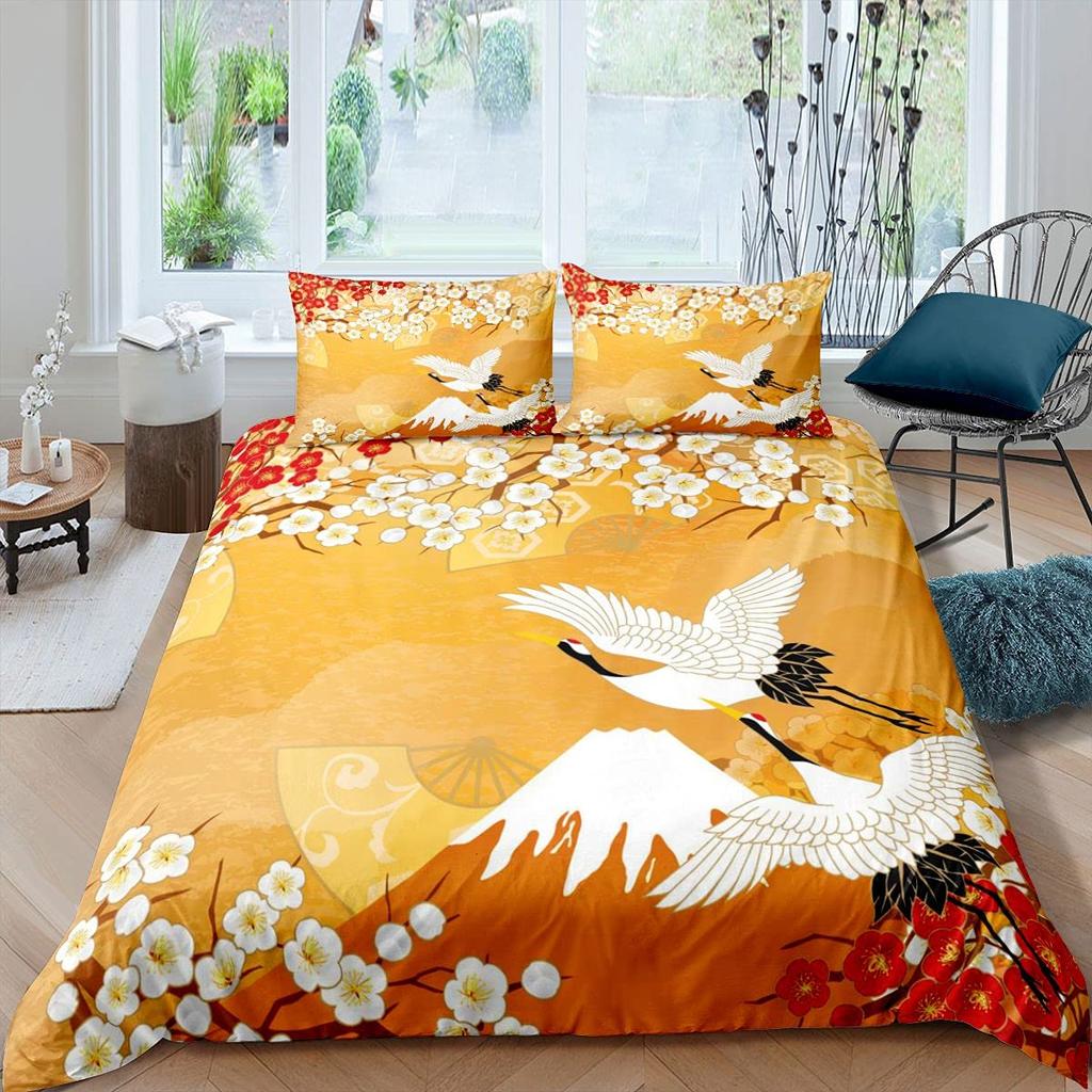 Crane Bedding Set Girl Cherry Blooming Fuji Mountain Sun Duvet Cover Kids Women Lotus Floral Comforter Cover Watercolor Decor