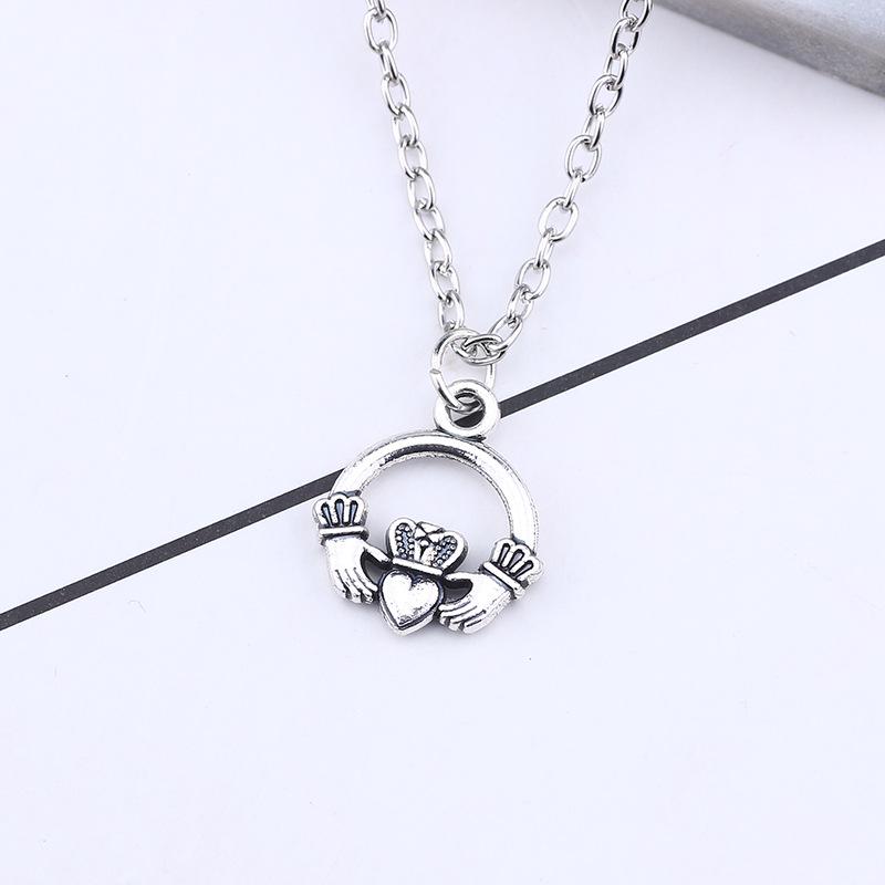 Retro Crown Necklace with Hands Holding Heart Pattern Ornament Christmas Birthday Gift