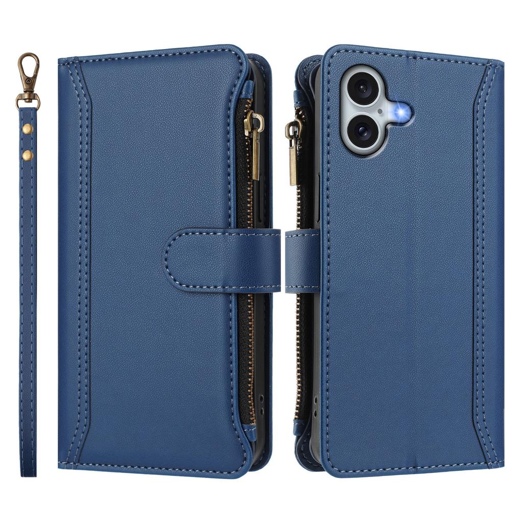 For iPhone 16 Plus Leather Case 9 Card Slots Zipper Wallet Stand Phone Cover with Wrist Strap