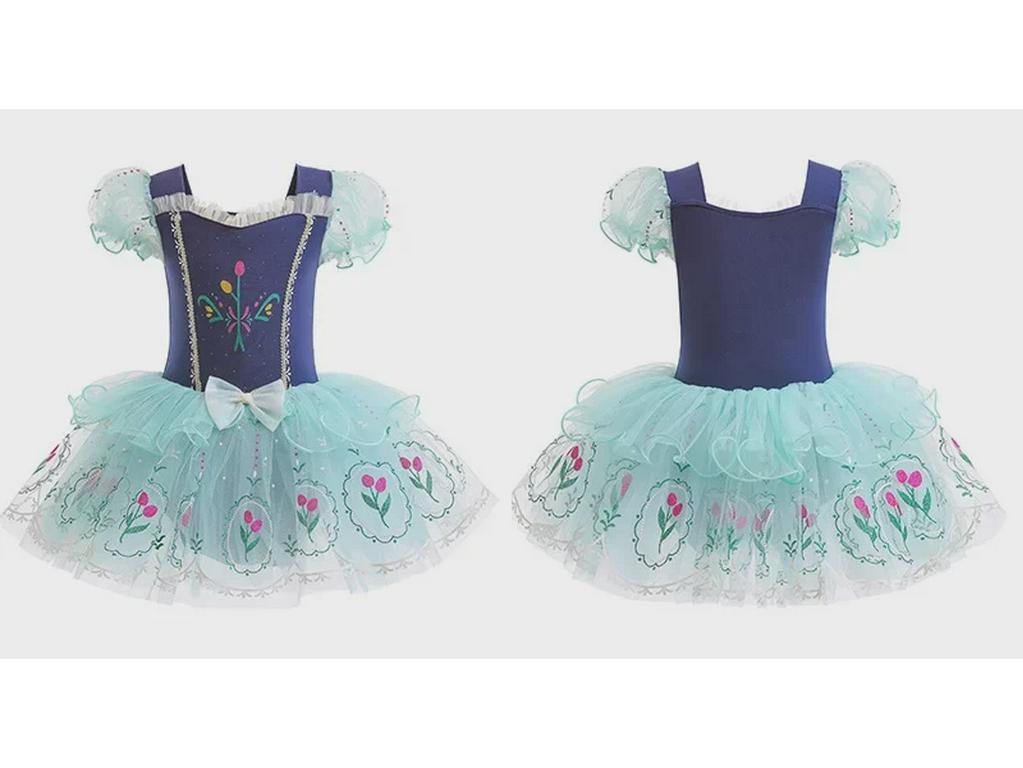 Girls' Ballet Dance Costume - Hidden Button, Open Crotch, Cross-Border Printed Mesh Dress for Performances, Princess Anna Style.