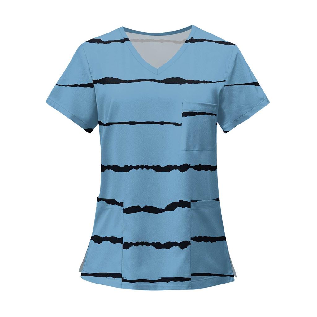 Women's Fashion Printed Short Sleeve V Neck Pattern Tops Pocket Working T-shirts