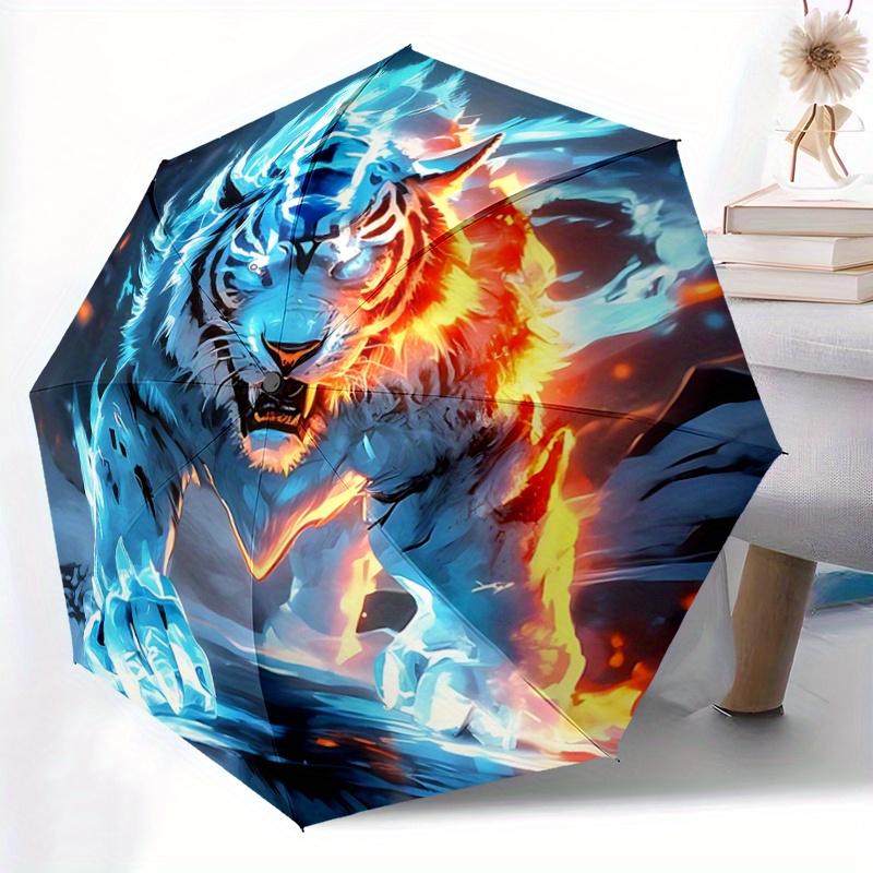 1pc Flaming Ice Tiger Pattern Automatic Umbrella is Fashionable and Good-Looking, Suitable for Travel and Daily UseA104