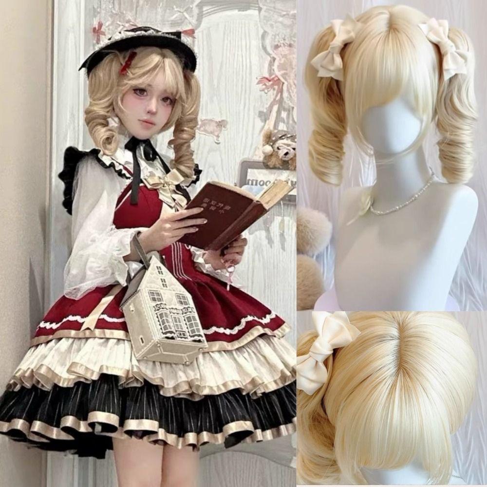 Natural Short Curly Hair Bob Wig Air Bangs Cosplay Lolita Hair Sweet Blonde Twin Ponytail Party
