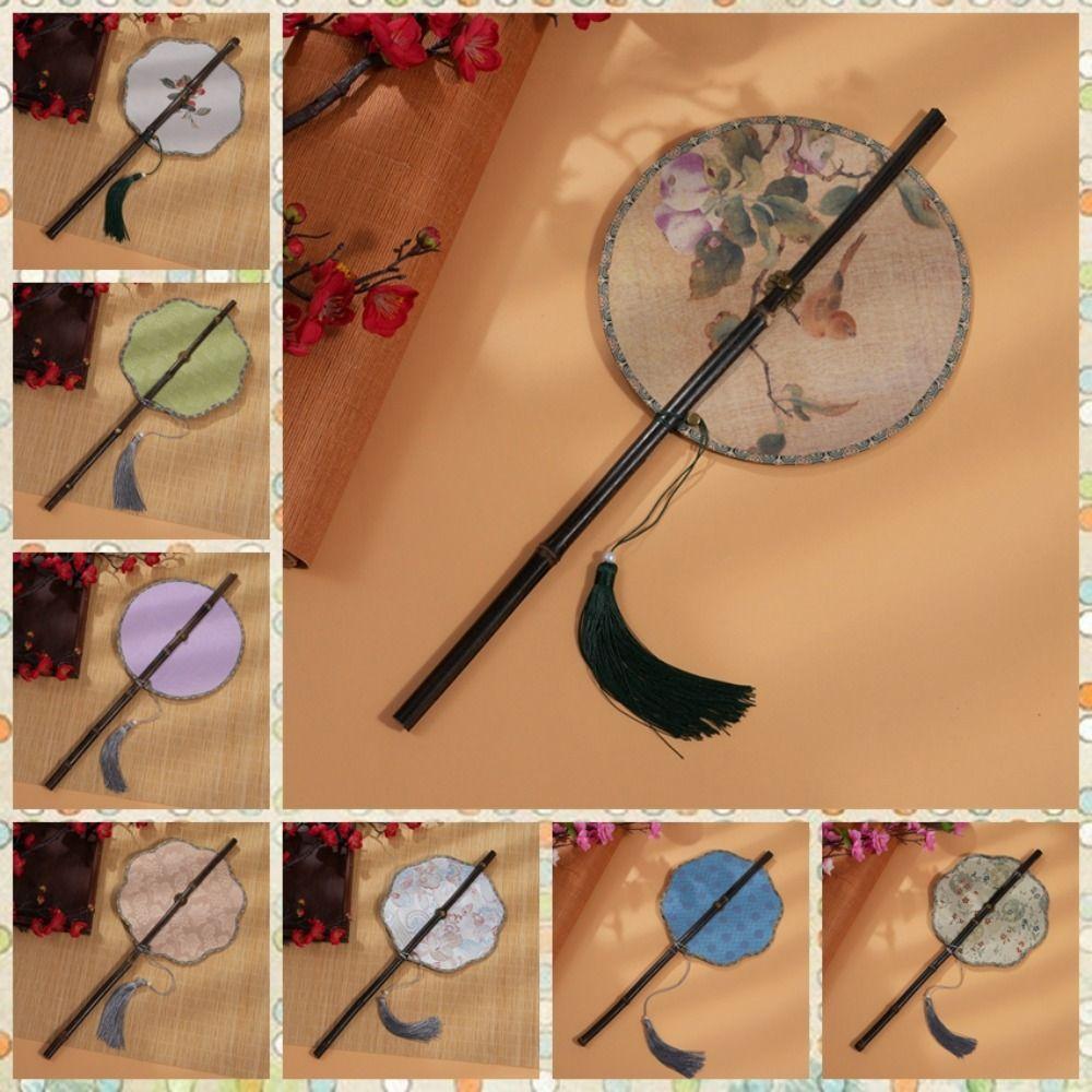 Rotatable Chinese Bamboo Waist Fan Ancient Style Group Fan Classical Long Handle Fan for Summer