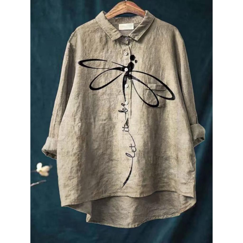 Женская повседневная свободная рубашка на пуговицах с цветочным принтом - Узор 'Косяк рыб'