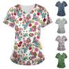 Women's Floral Printing Short Sleeve V-neck Tops Working Uniform Pocket Blouse