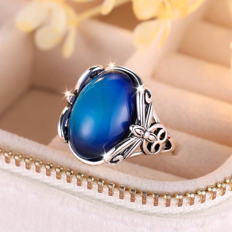 Vintage Silver Color Butterfly Ring for Women Color Changing Oval Feeling Emotion Changeable Temperature Control Color Ring