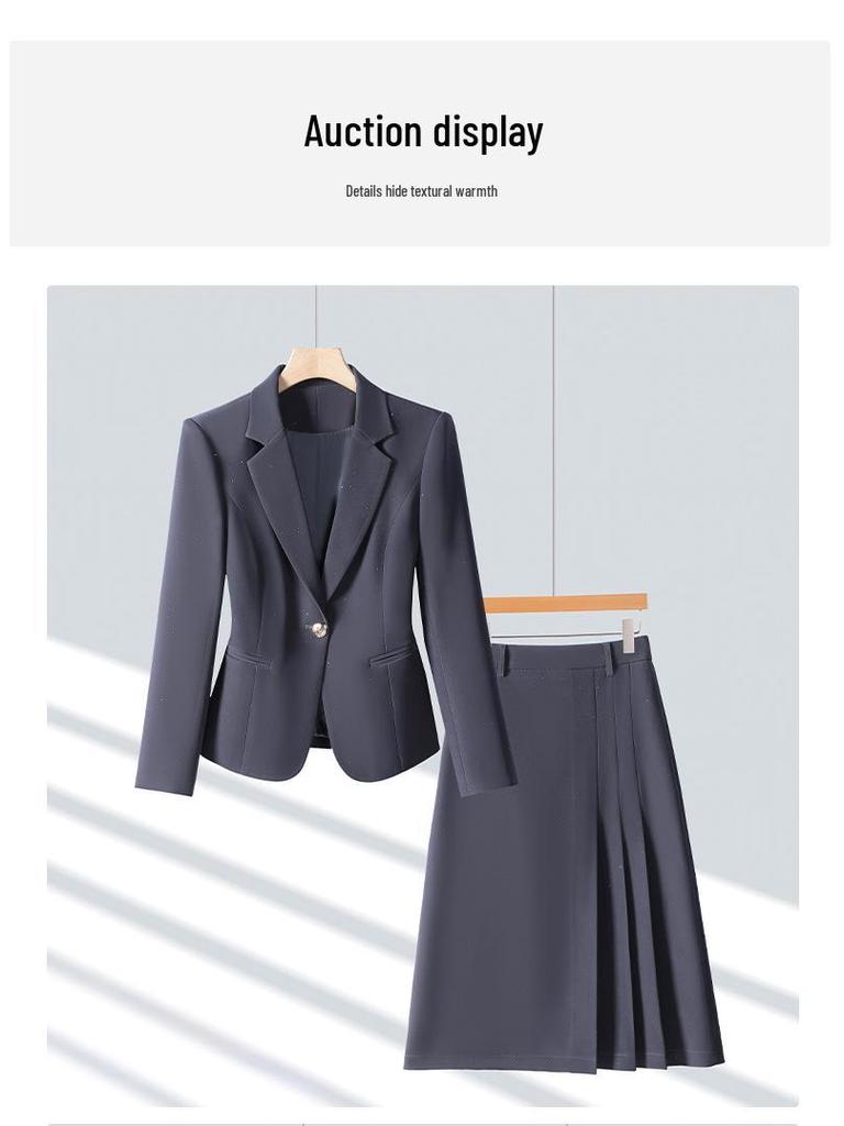 Women's Apricot Silver Suit Jacket & Midi Skirt Set - Spring/Autumn 2025, Slim Fit, High-End Two-Piece