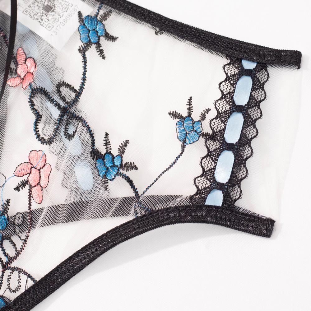 European & American Mesh Embroidered Sexy Lingerie Set - Bra, Garter & Panty