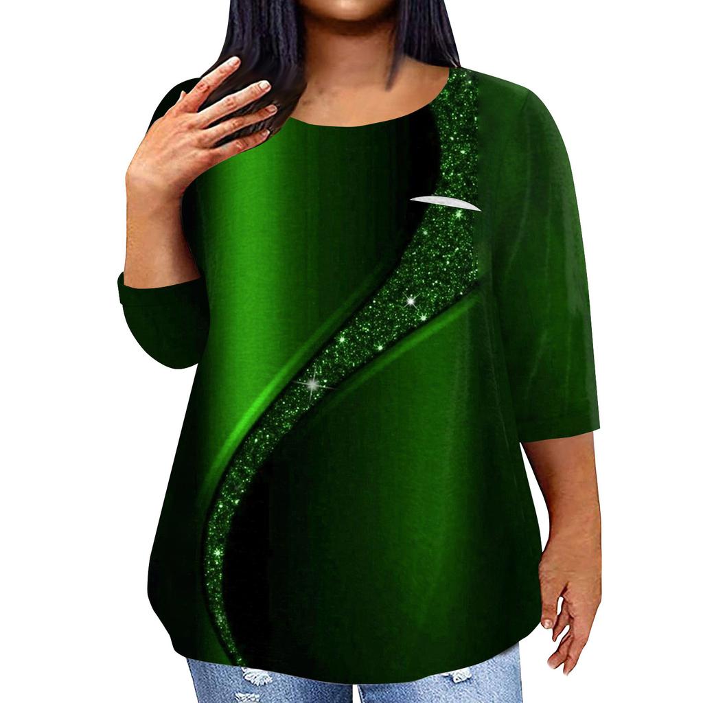 Women's Fashionable Casual Three Quarter Sleeve Printed Round Neck Pullover 4/3 Sleeve Top