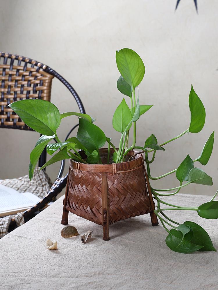 Bamboo Weaving Decorative Flower Pot Cover and Arrangement Basket - Handmade Retro Vase and Green Dill Storage