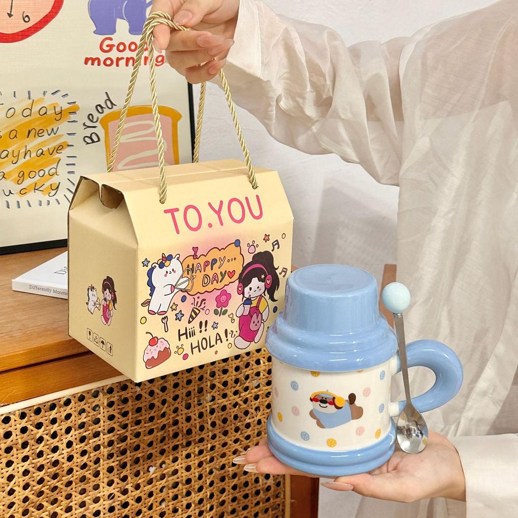 Cute Polka Doll Puppy Kettle Cup Ceramic Mug with Lid Spoon Couple Home Coffee Breakfast Cup Souvenir Gift